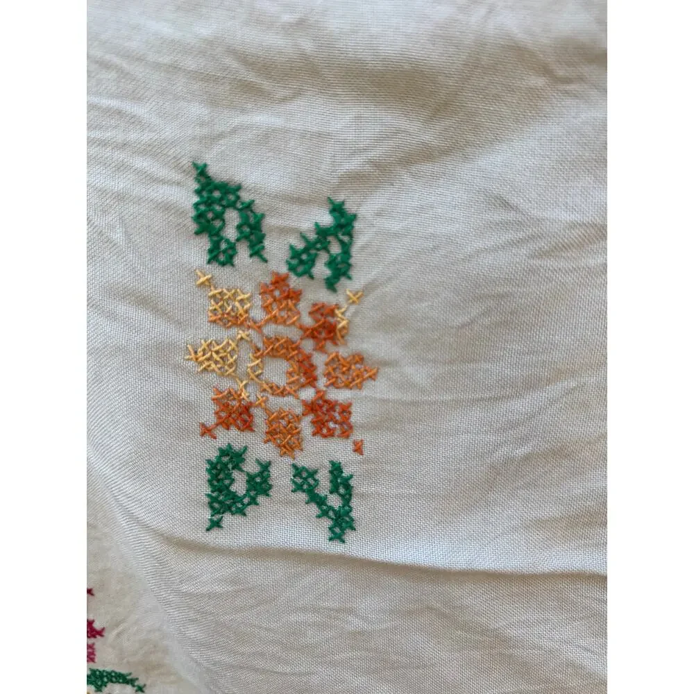 Vintage Cross Stitch Linen Table Topper 32x32 Cottagecore Primitive Farmhouse